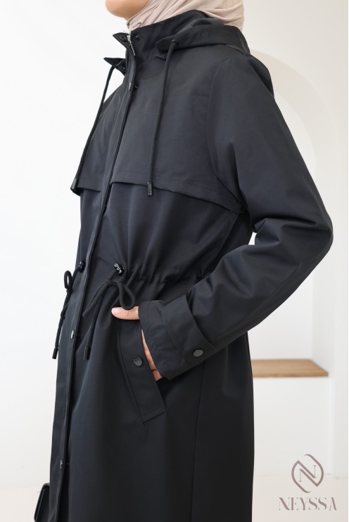Longue parka noir déperlante avec capuche amovible