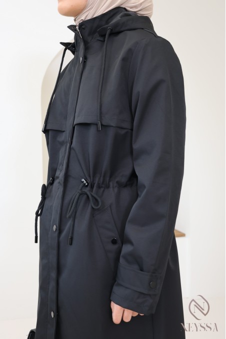 Long black water-repellent parka with removable hood