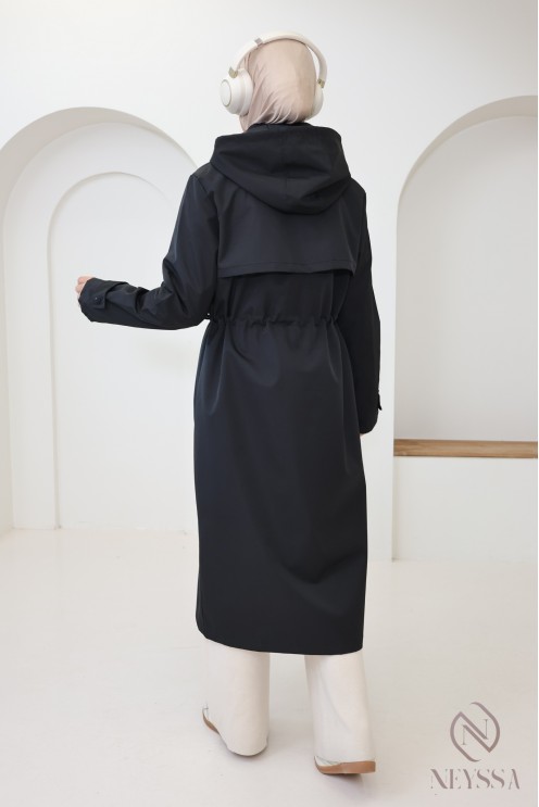 Longue parka noir déperlante avec capuche amovible