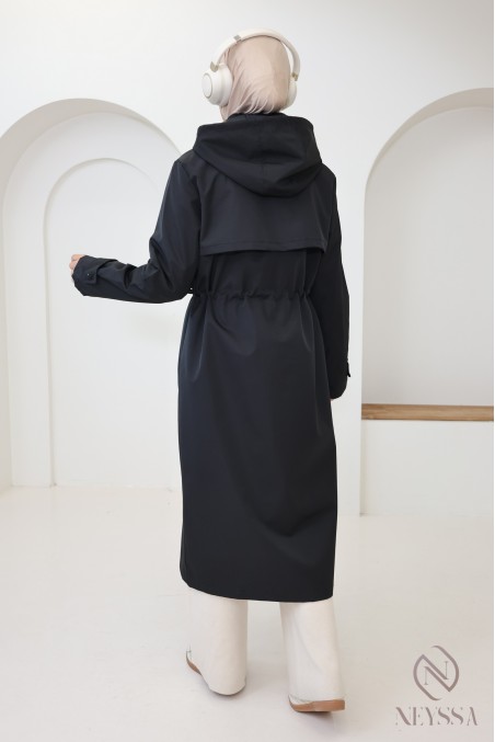 Longue parka noir déperlante avec capuche amovible