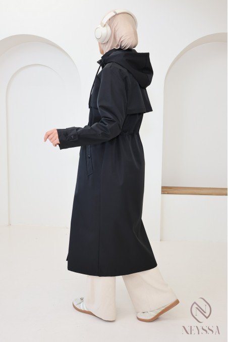 Longue parka noir déperlante avec capuche amovible