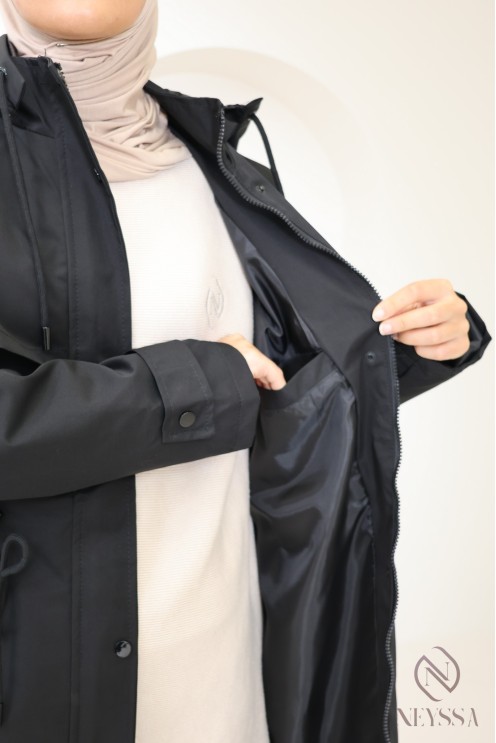 Longue parka noir déperlante avec capuche amovible