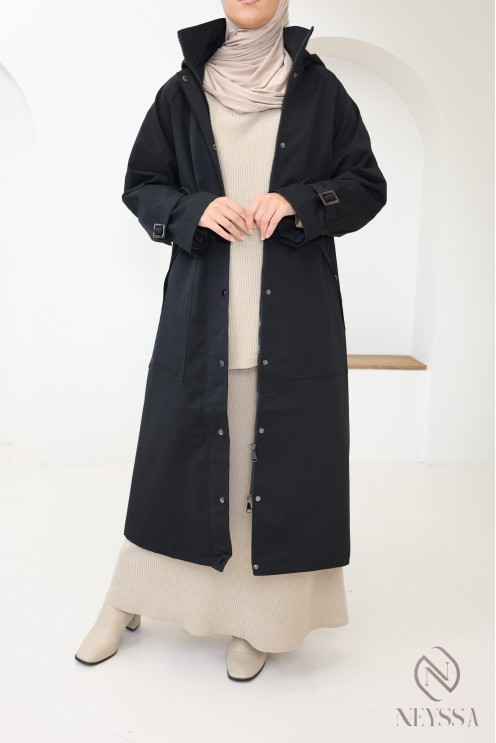 Women's long black parka jacket with hood and water-repellent fabric