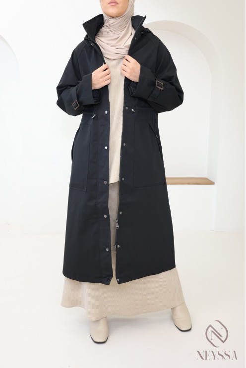 Women's long black parka jacket with hood and water-repellent fabric