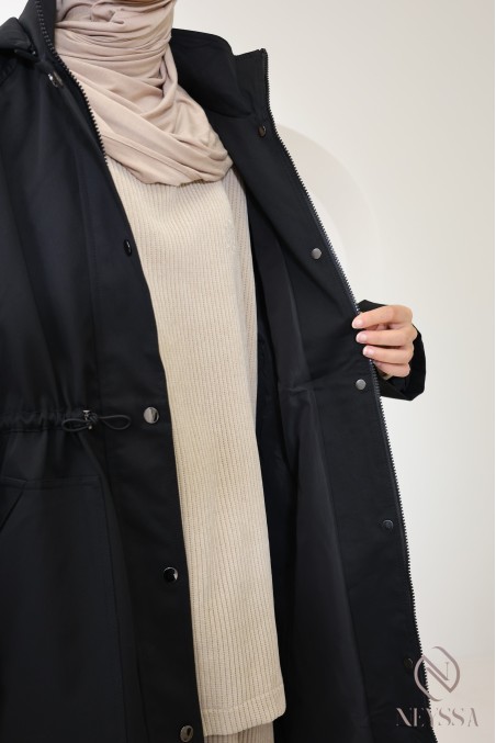 Veste parka longue femme noire, capuche et tissu déperlant