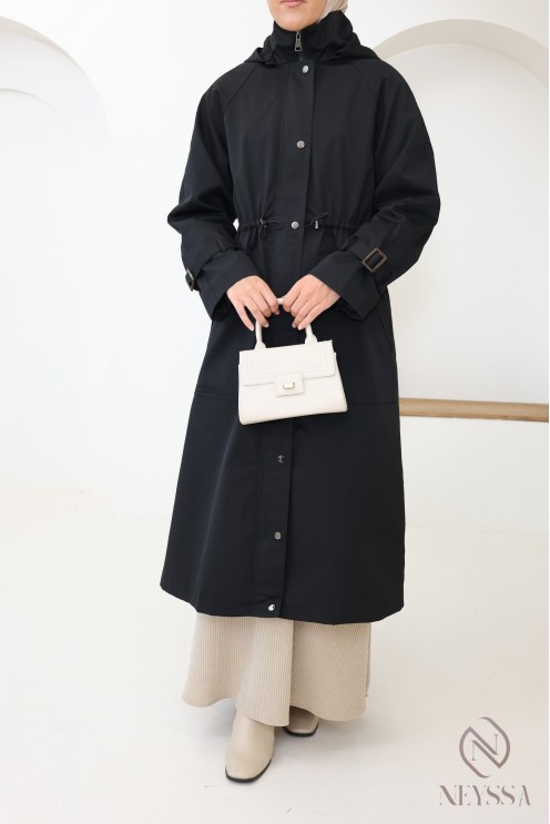 Women's long black parka jacket with hood and water-repellent fabric