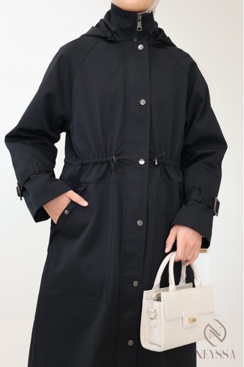 Women's long black parka jacket with hood and water-repellent fabric