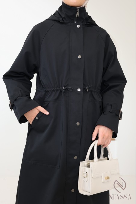 Veste parka longue femme noire, capuche et tissu déperlant
