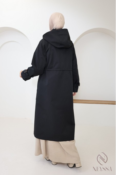 Women's long black parka jacket with hood and water-repellent fabric