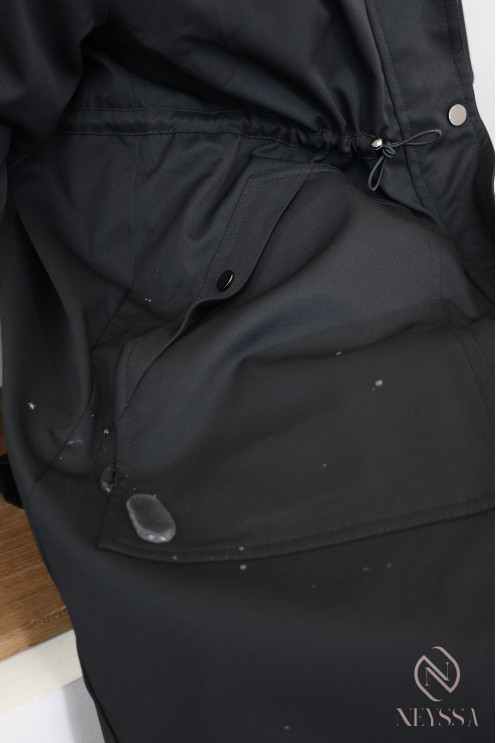 Veste parka longue femme noire, capuche et tissu déperlant