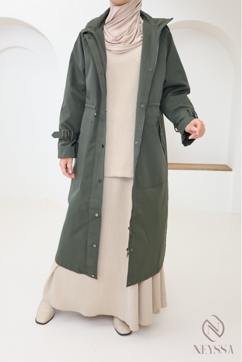 Lange khakifarbene Parka-Jacke für Hijabi-Frauen, mit Kapuze