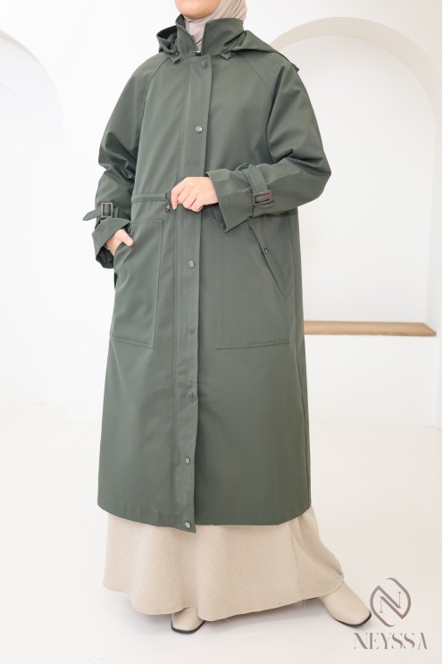 Lange khakifarbene Parka-Jacke für Hijabi-Frauen, mit Kapuze