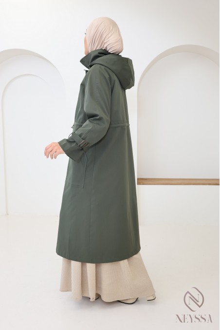 Lange khakifarbene Parka-Jacke für Hijabi-Frauen, mit Kapuze