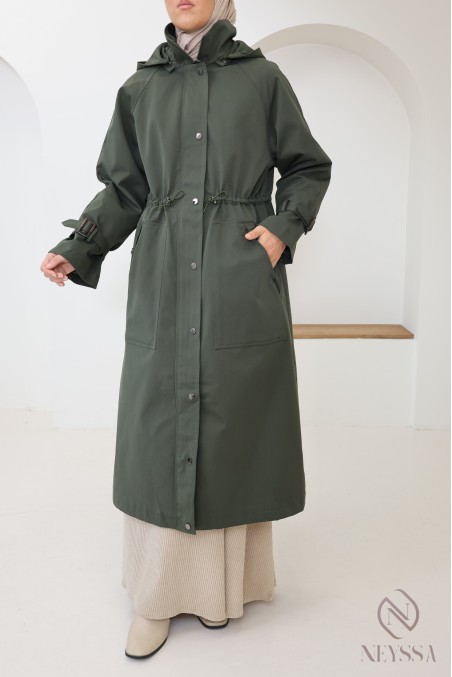 Long khaki parka-style jacket for hijabi women, with hood