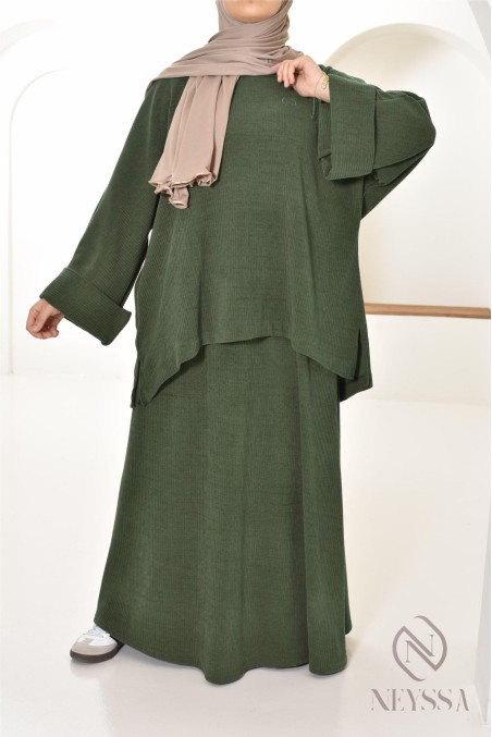 Ensemble verschleierte Frau Rock aus khakifarbenem Cord, modest fashion