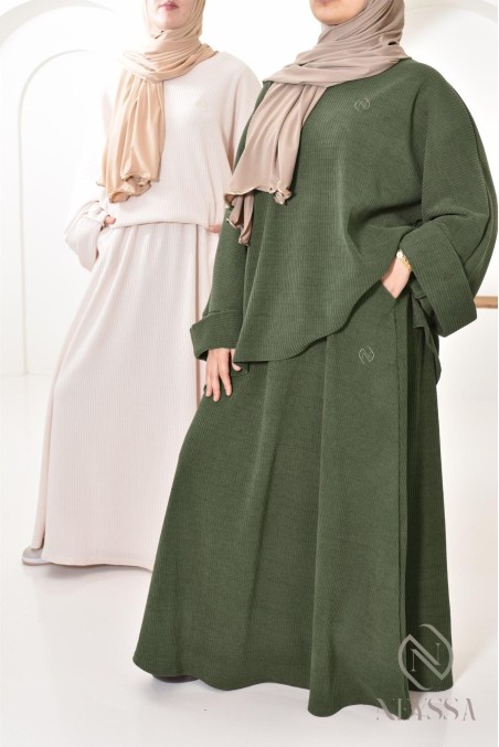 Ensemble verschleierte Frau Rock aus khakifarbenem Cord, modest fashion