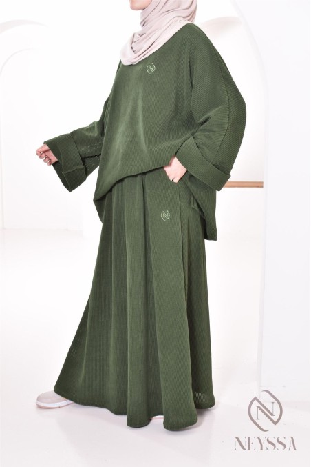 Veiled women's skirt set in khaki corduroy, modest fashion