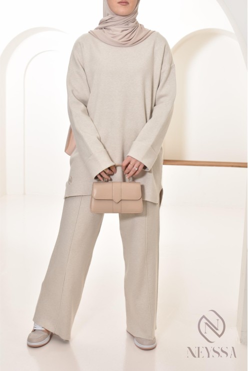 beige knit tunic and pant set, hijabi outfit by Neyssa