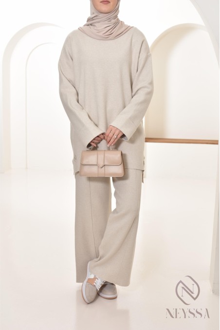 beige knit tunic and pant set, hijabi outfit by Neyssa