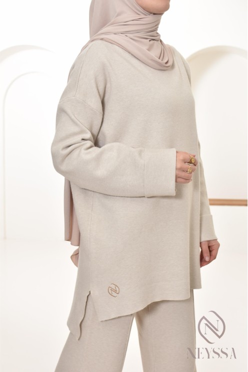 beige knit tunic and pant set, hijabi outfit by Neyssa