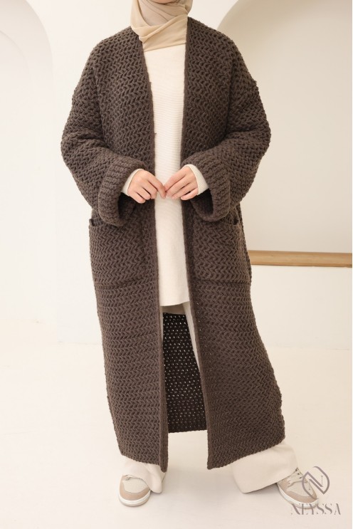 Cardigan long grosse maille femme, avec poches, jilbab friendly