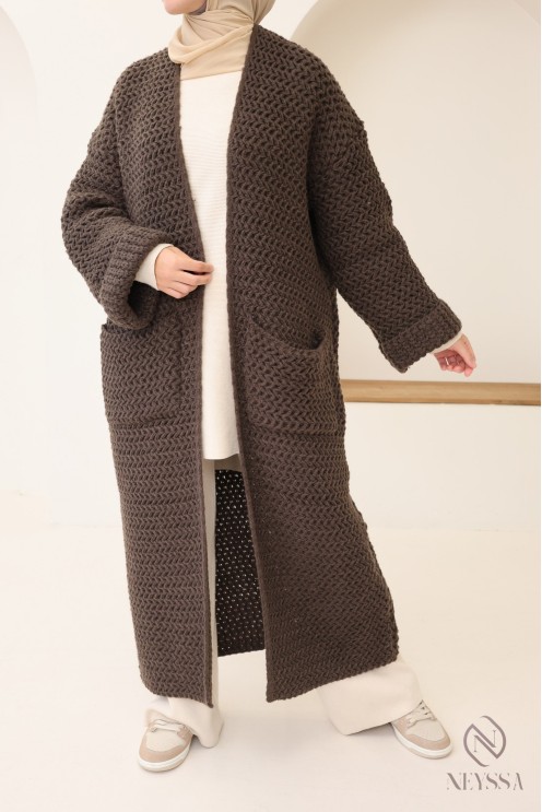 Cardigan long grosse maille femme, avec poches, jilbab friendly