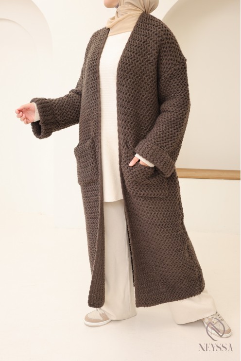 Cardigan long grosse maille femme, avec poches, jilbab friendly