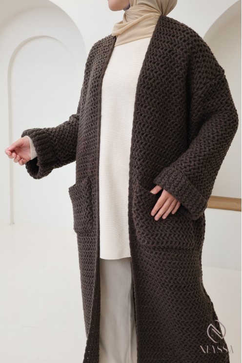 Cardigan long grosse maille femme, avec poches, jilbab friendly
