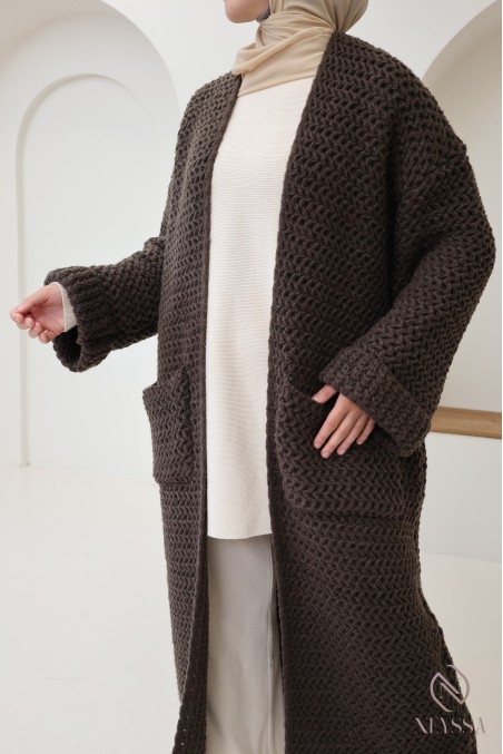 Cardigan long grosse maille femme, avec poches, jilbab friendly