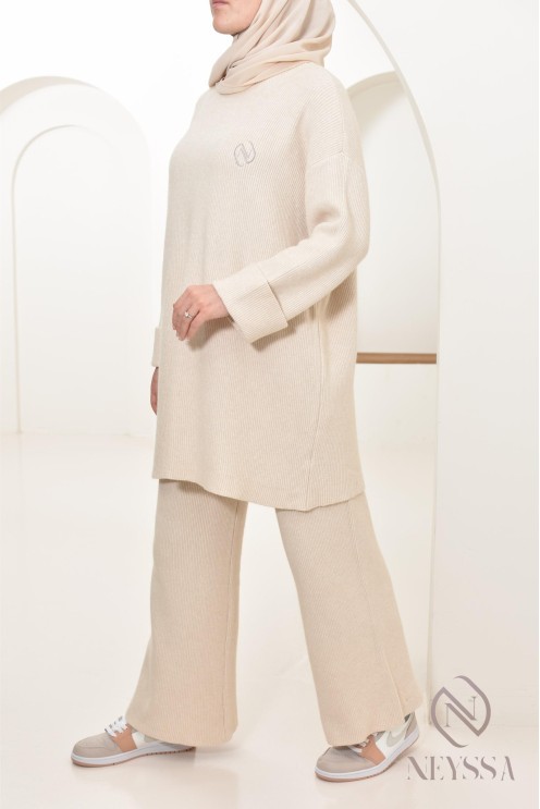 Neyssa Confection beige knit sweater set with hijabi pants