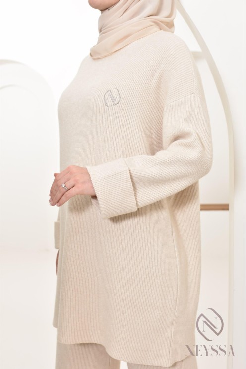 Neyssa Confection beige knit sweater set with hijabi pants