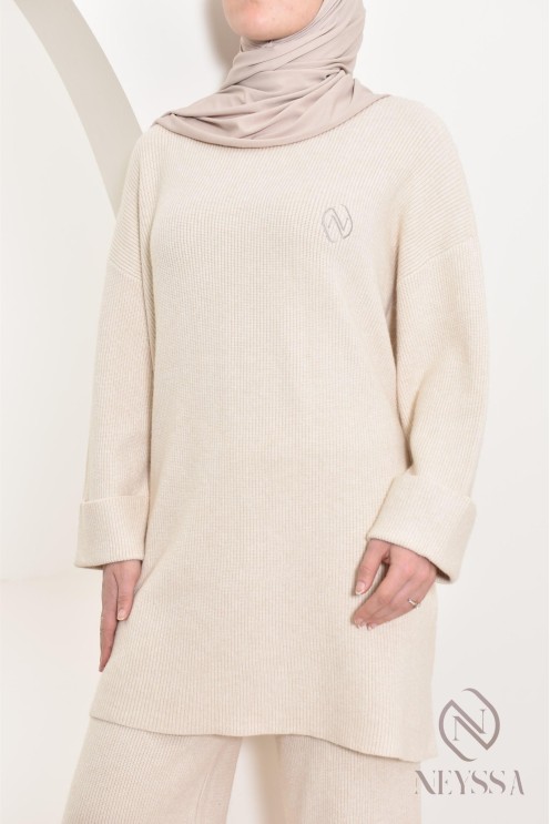 ensemble maille beige pull avec pantalon pour hijabi Neyssa Confection