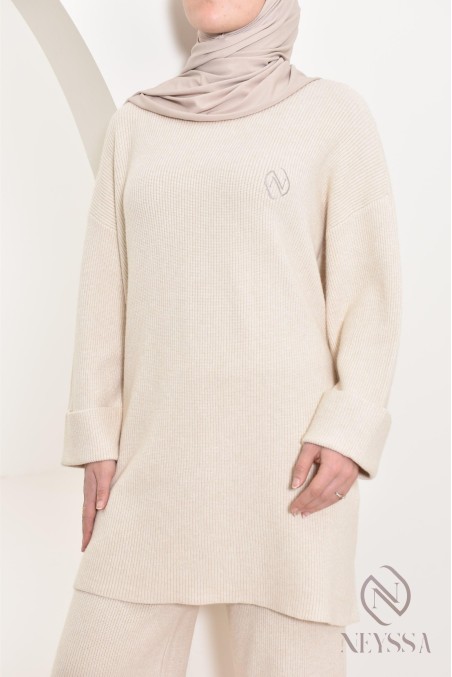 beigefarbenes Strickset Pullover mit Hose für Hijabi Neyssa Confection
