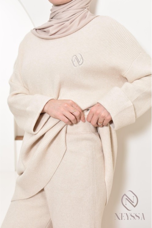ensemble maille beige pull avec pantalon pour hijabi Neyssa Confection