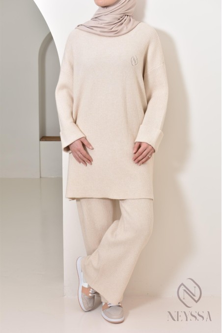 Neyssa Confection beige knit sweater set with hijabi pants