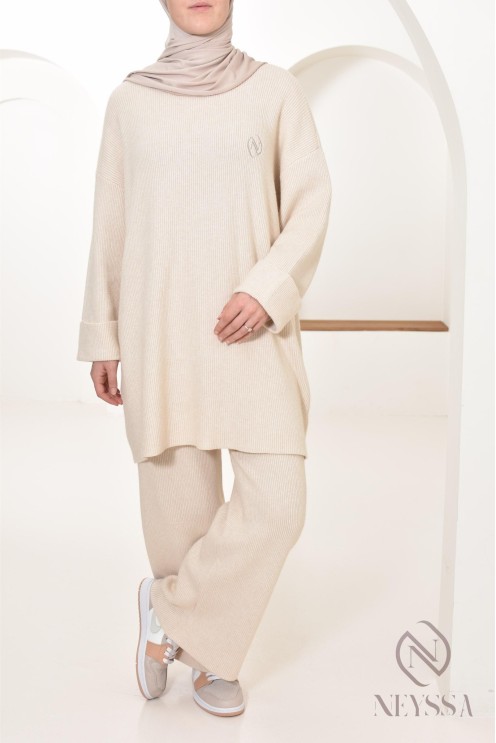 ensemble maille beige pull avec pantalon pour hijabi Neyssa Confection