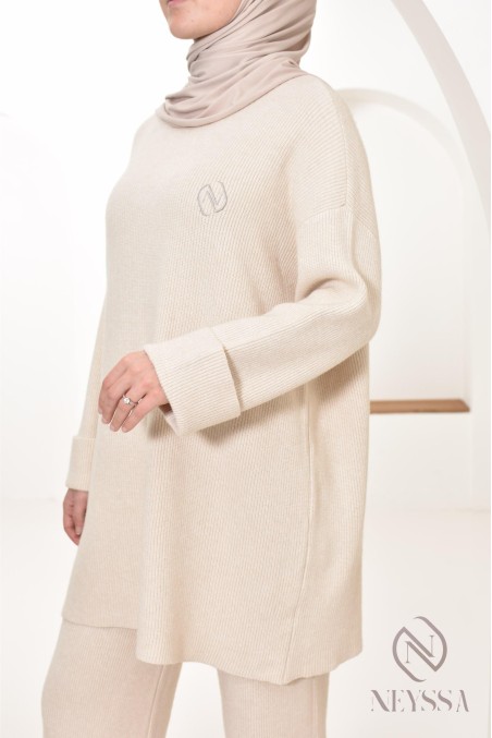Neyssa Confection beige knit sweater set with hijabi pants