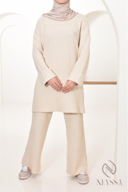 Neyssa Confection beige knit sweater set with hijabi pants