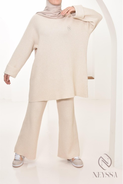 beigefarbenes Strickset Pullover mit Hose für Hijabi Neyssa Confection