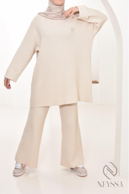 beigefarbenes Strickset Pullover mit Hose für Hijabi Neyssa Confection