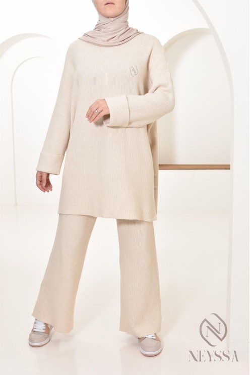 Neyssa Confection beige knit sweater set with hijabi pants