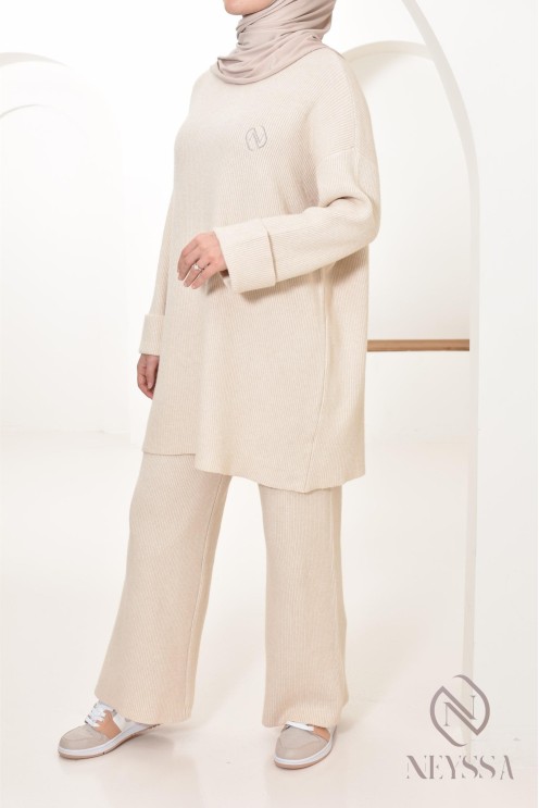 beigefarbenes Strickset Pullover mit Hose für Hijabi Neyssa Confection