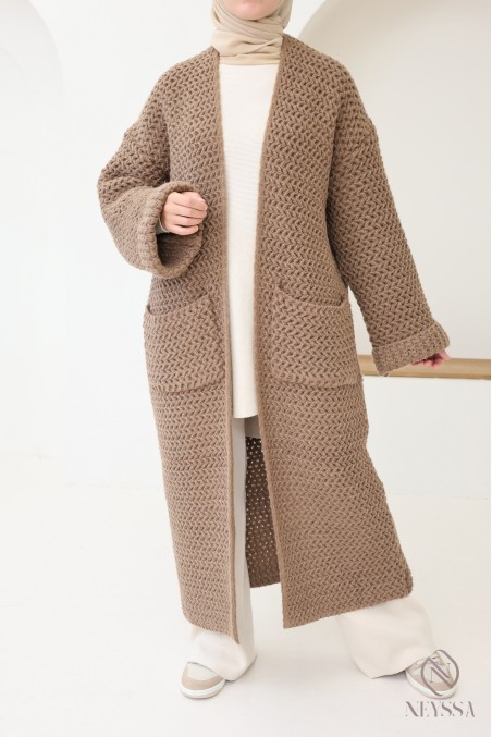 Maxi Long taupe knit cardigan for hijabi women, for fall