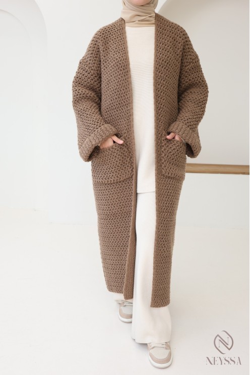 Maxi Long taupe knit cardigan for hijabi women, for fall
