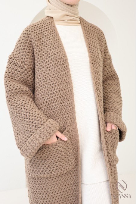 Maxi Lange Strickweste in Taupe für Hijabi-Frauen, für den Herbst