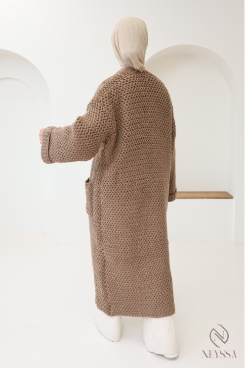 Maxi Long taupe knit cardigan for hijabi women, for fall
