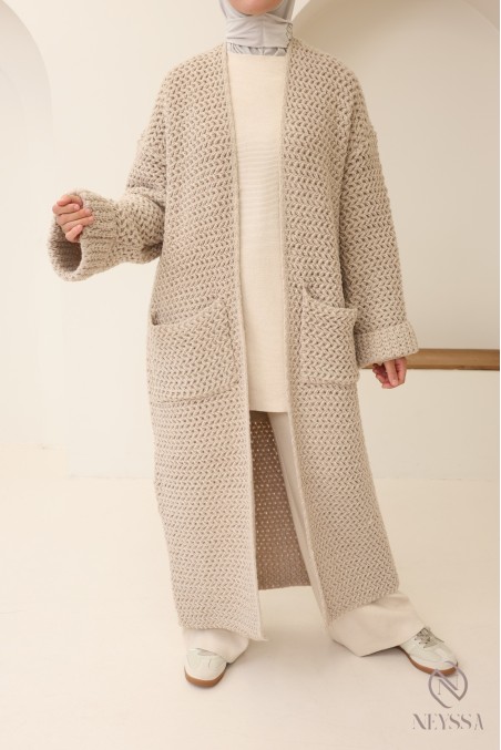 Trendy women's long cardigan ribbed detailing, chunky knit cardigan
