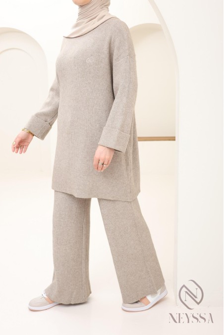 Ensemble hijabi moderne 2 pièces, pull avec pantalon en maille Neyssa