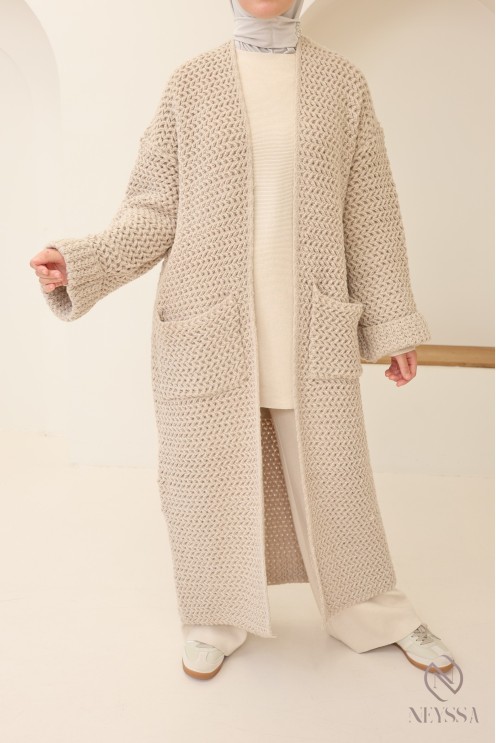 Trendy women's long cardigan ribbed detailing, chunky knit cardigan