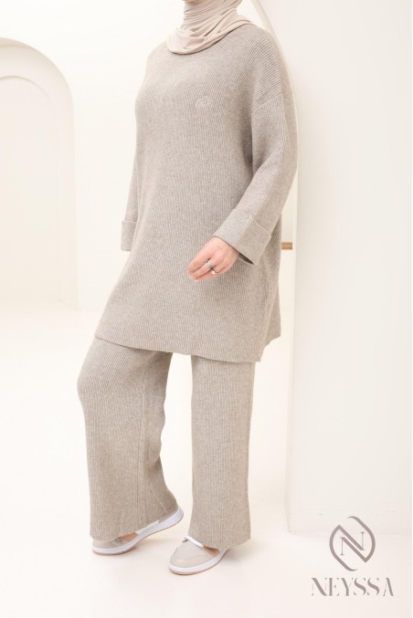 Ensemble hijabi moderne 2 pièces, pull avec pantalon en maille Neyssa